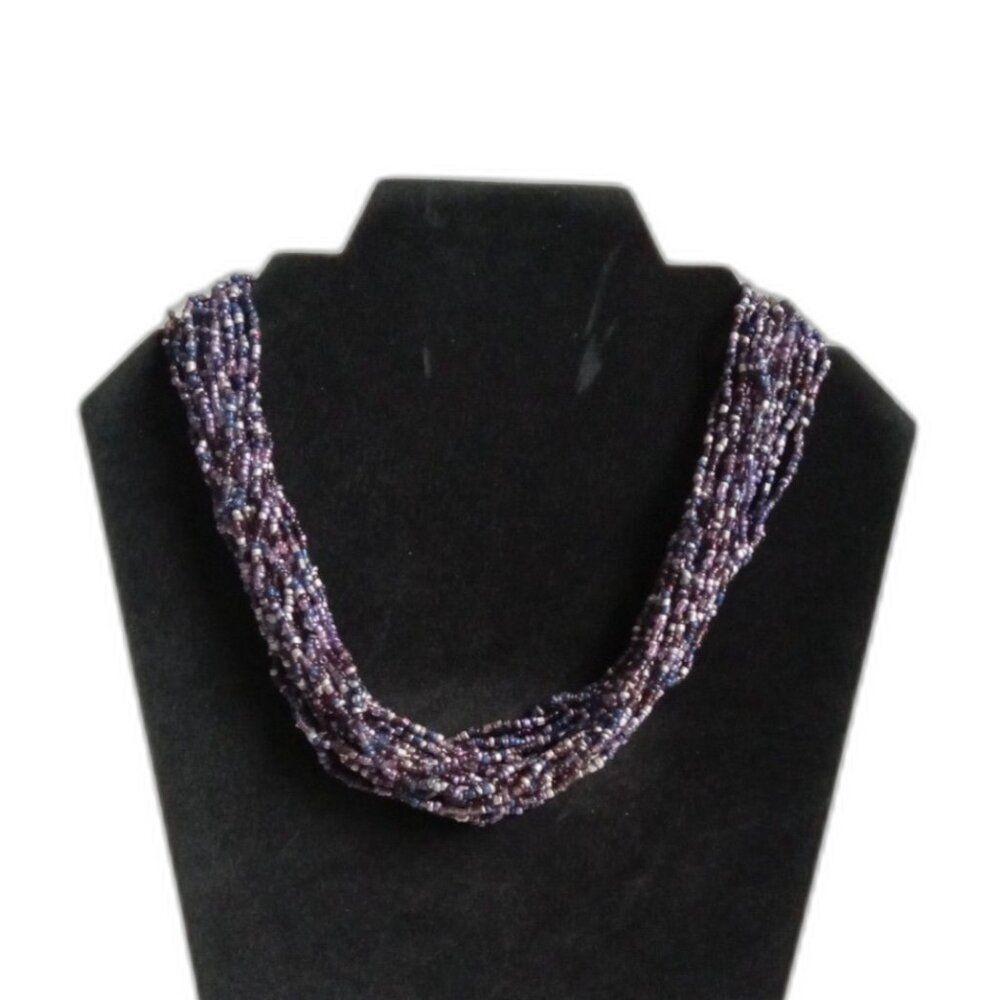 Shades of Purple and Blue Assorted Seed Beaded Multi Strand Statement Necklace